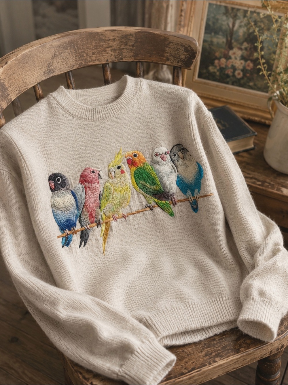 NWT Lovebirds Graphic Sweater Cockatiel Budgie Parrot Knit Pullover